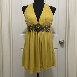 Vintage Love & Love Halter Top‎ Brass Jewel Empire Waist Yellow Boho Y2K Large
